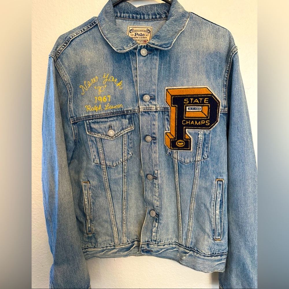 Ralph Lauren chenille patch tiger classic denim jean jacket men medium m